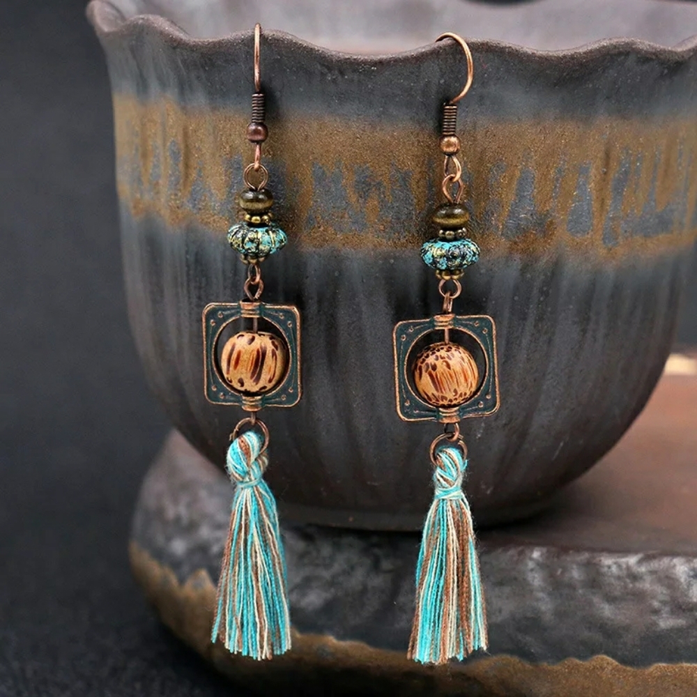 Tribal Bohemian Tassel Dangle Earrings - Picture 2 of 6